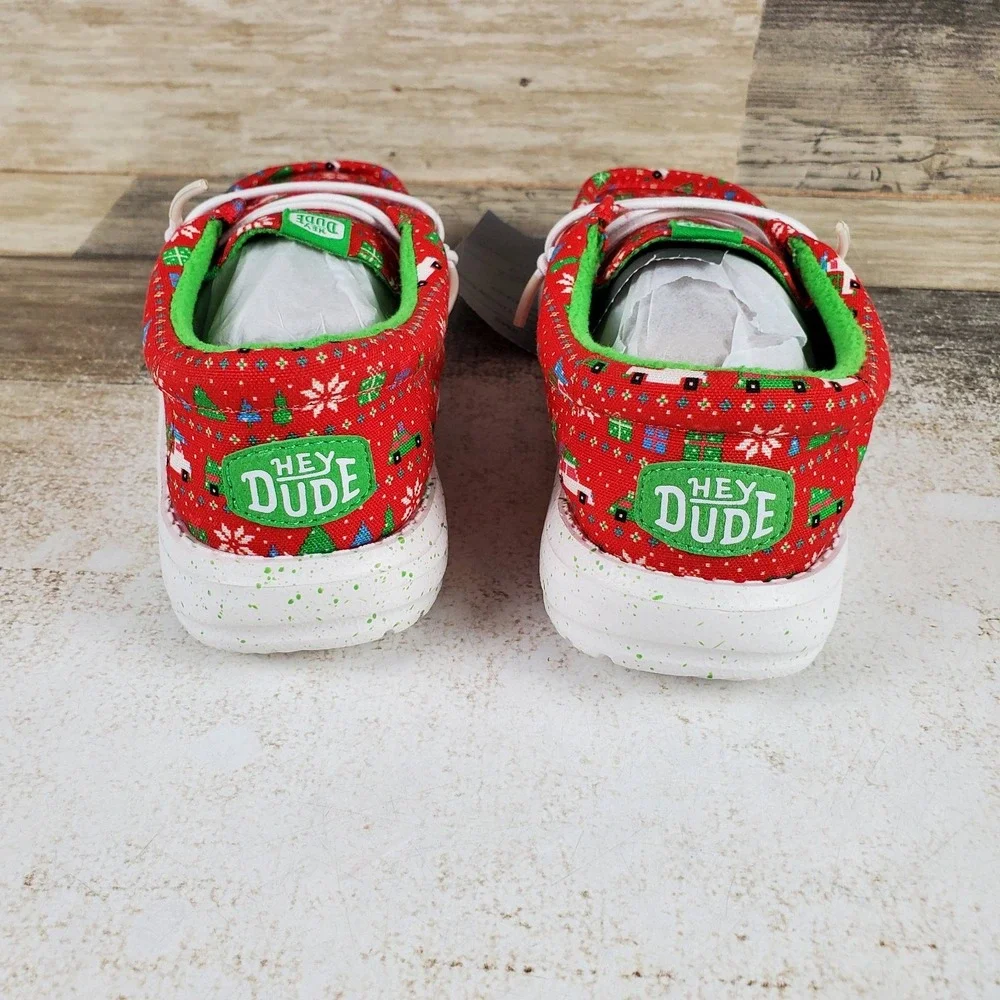 Hey Dude Lildude Holiday Sweater Kids Loafers Shoes C13 Red Green White Slip-On